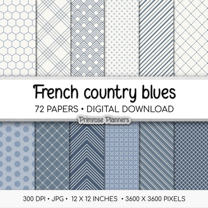 Coastal Farmhouse Digital Paper | Minimal Floral & Geometric Patterns | Dusty Blue, Chambray, White | French Country Scrapbook Backgrounds