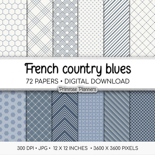 Coastal Farmhouse Digital Paper | Minimal Floral & Geometric Patterns | Dusty Blue, Chambray, White | French Country Scrapbook Backgrounds