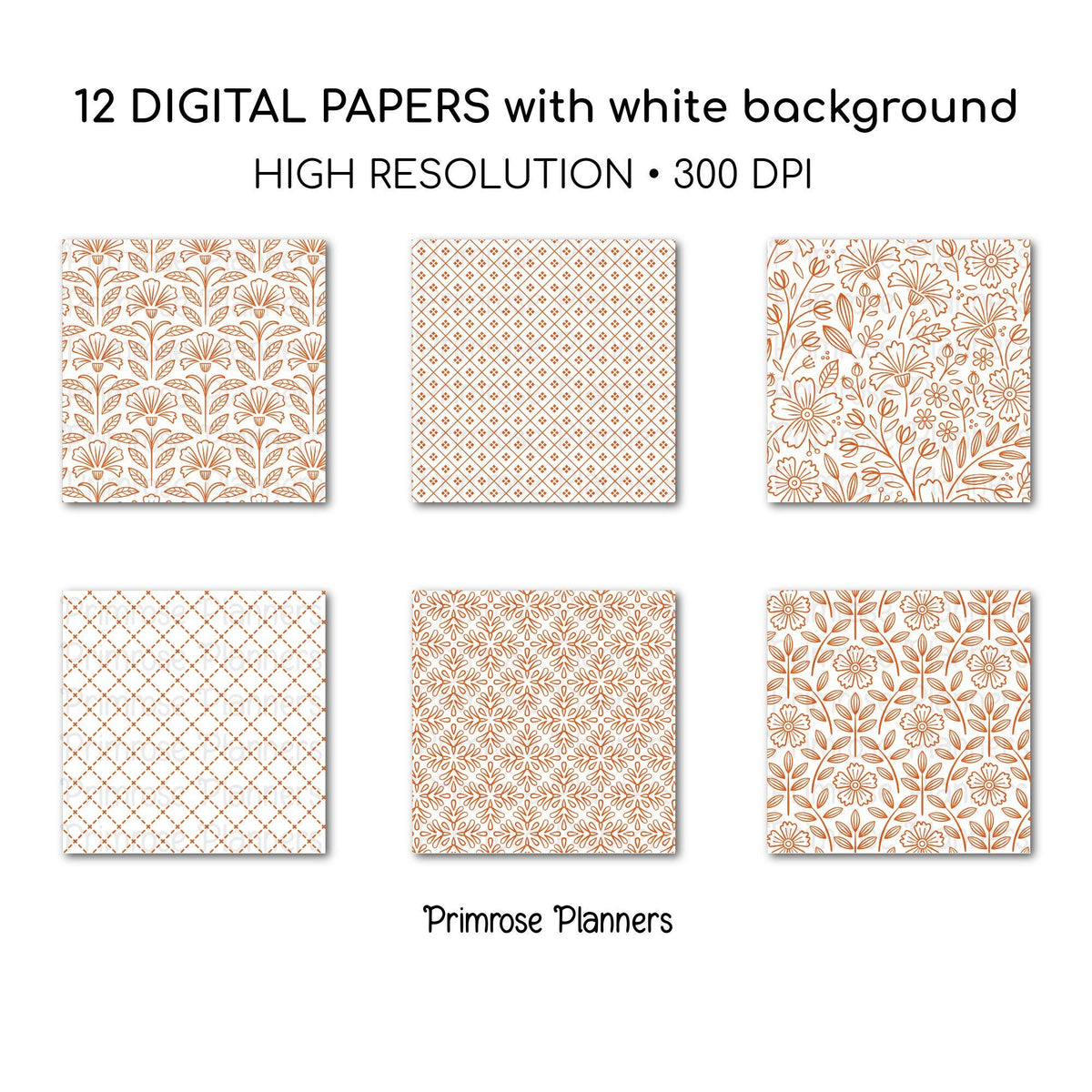 Pumpkin Orange Digital Paper Pack, Minimal Boho Floral Patterns, Fall Orange & White Scrapbook, Autumn Botanical Background
