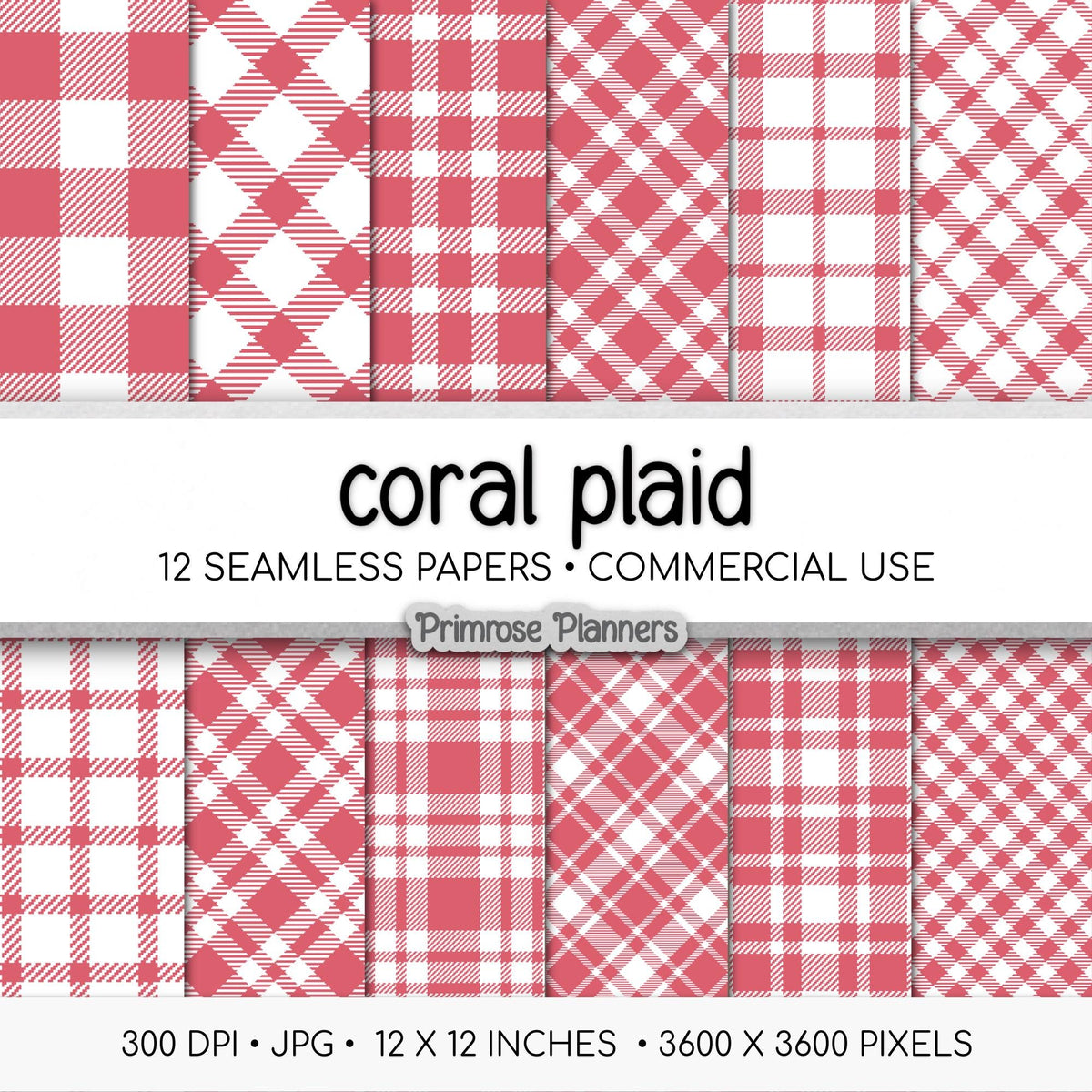 Seamless Coral Pink Plaid Digital Paper, Buffalo Check, Red and White Tartan Patterns, Spring Summer Scrapbook, Commercial Use, 300 DPI