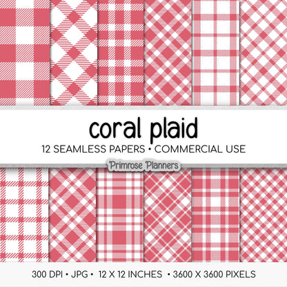 Seamless Coral Pink Plaid Digital Paper, Buffalo Check, Red and White Tartan Patterns, Spring Summer Scrapbook, Commercial Use, 300 DPI