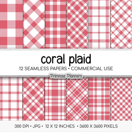 Seamless Coral Pink Plaid Digital Paper, Buffalo Check, Red and White Tartan Patterns, Spring Summer Scrapbook, Commercial Use, 300 DPI