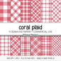 Seamless Coral Pink Plaid Digital Paper, Buffalo Check, Red and White Tartan Patterns, Spring Summer Scrapbook, Commercial Use, 300 DPI