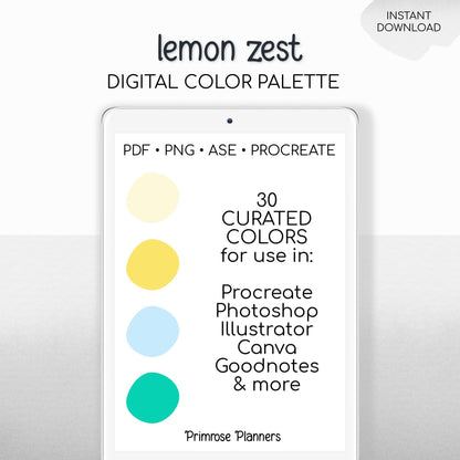 Lemon Zest Procreate Palette & Photoshop Swatches, Bright Summer Yellow Pink Teal Green, Citrus Fresh, Hex Codes
