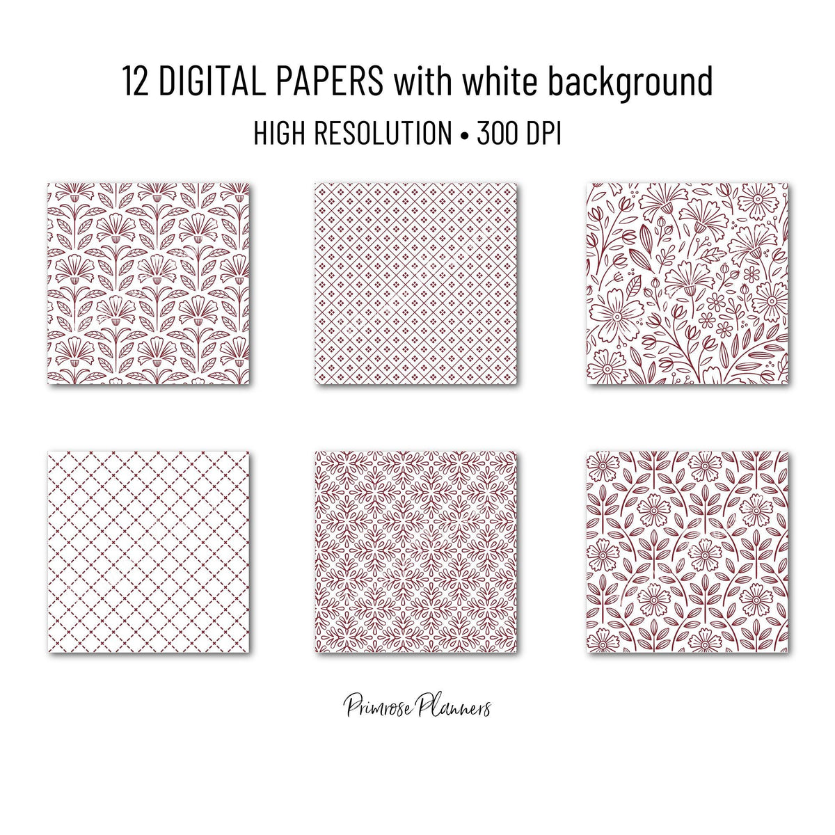 Burgundy Digital Paper | Minimal Floral Patterns | Deep Wine, Maroon & White | Printable Wedding and Scrapbook Backgrounds
