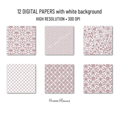 Burgundy Digital Paper | Minimal Floral Patterns | Deep Wine, Maroon & White | Printable Wedding and Scrapbook Backgrounds
