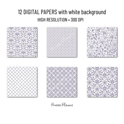 Dusty Violet and White Digital Paper, Minimalist Boho Patterns, Soft Lavender Scrapbooking, Mauve Planner Print