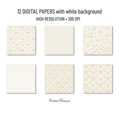 Almond and White Digital Paper, Minimalist Boho Patterns, Sand & Nude Scrapbooking, Neutral Aesthetic Print