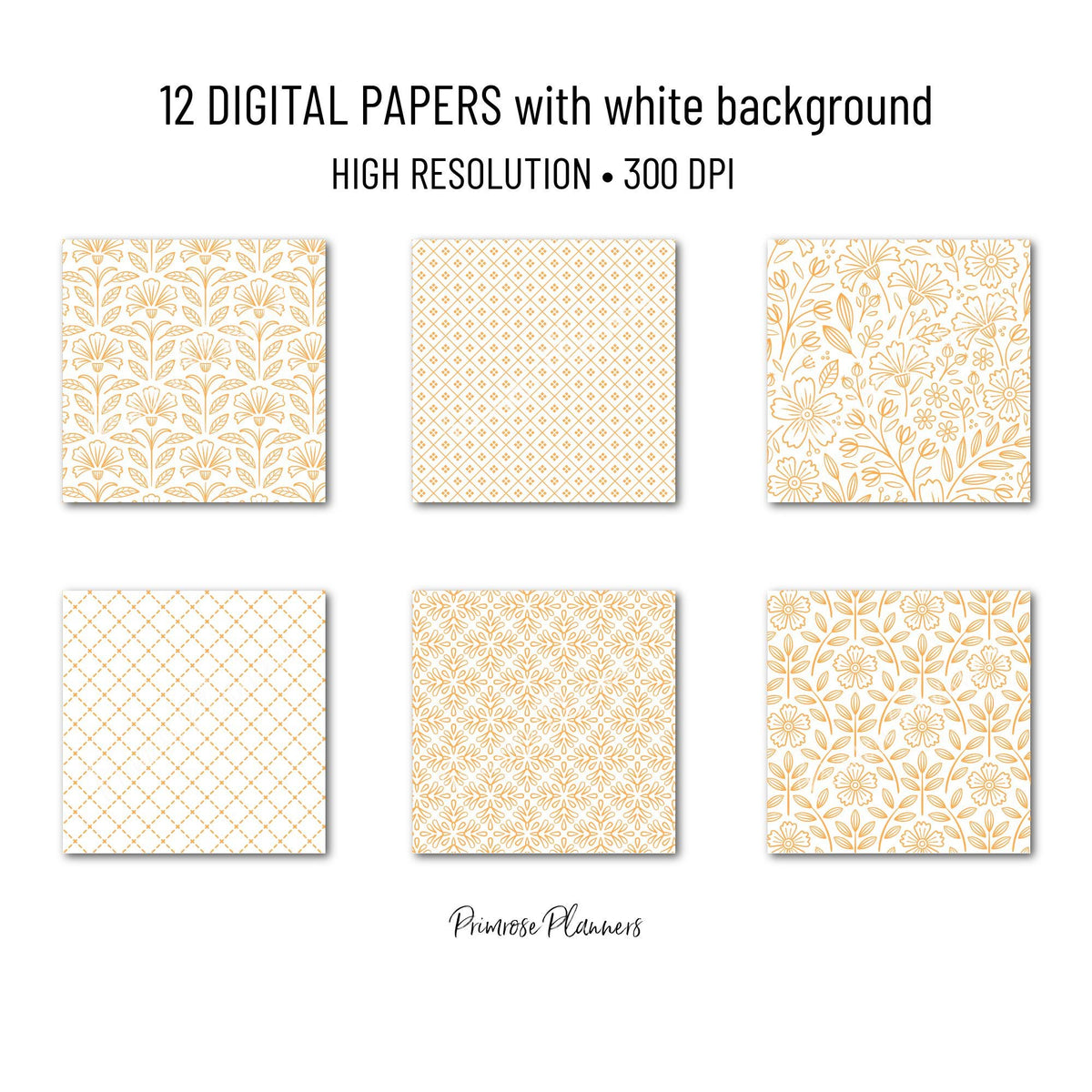 Mango Orange Digital Paper, Minimal Boho Floral Patterns, Tangerine & White Scrapbook Paper, Tropical Summer Background