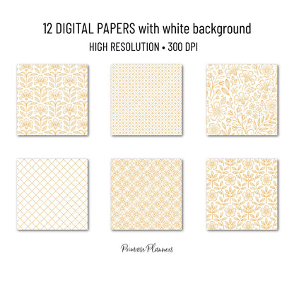 Mango Orange Digital Paper, Minimal Boho Floral Patterns, Tangerine & White Scrapbook Paper, Tropical Summer Background