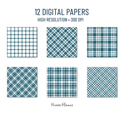Seamless Dark Teal Plaid Digital Paper, Buffalo Check, Peacock Blue Tartan Patterns, Winter Scrapbook, Commercial Use, 300 DPI