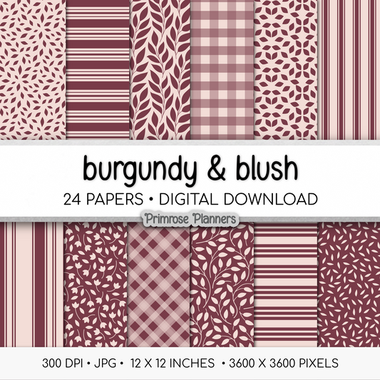 Burgundy Blush Digital Paper Pack | Farmhouse Buffalo Check, Gingham, Floral Backgrounds | Pink Red Printable Scrapbooking