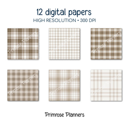 Seamless Mocha Brown Plaid Digital Paper, Buffalo Check, Warm Latte Tartan Patterns, Neutral Fall Scrapbook, Commercial Use, 300 DPI