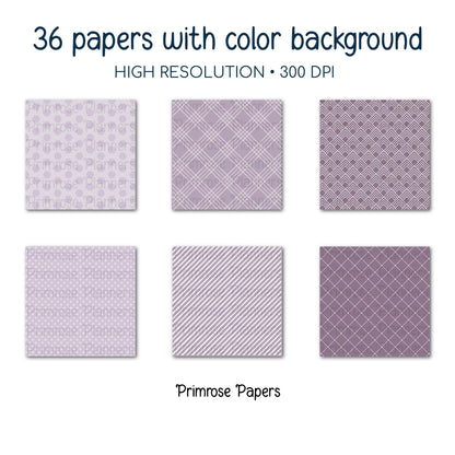 Whimsical Garden Digital Paper Bundle | Minimal Floral, Geometric Patterns | Dusty Lilac, Muted Plum | Fairycore Scrapbook Backgrounds