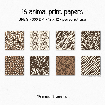 Cacao Brown and Cream Animal Print Digital Paper - Leopard Cheetah Zebra Giraffe Tiger Backgrounds for Scrapbooks & Crafts