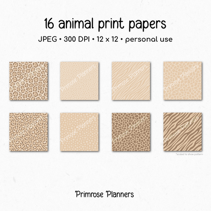Hazelnut Tan Animal Print Digital Paper - Warm Brown Leopard Cheetah Zebra Giraffe Tiger Backgrounds for Scrapbooking & Crafts