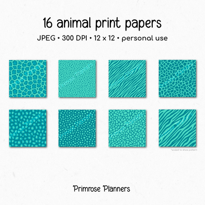 Aqua and Teal Animal Print Digital Paper Pack - Blue Green Leopard Cheetah Zebra Tiger Backgrounds for Scrapbooking & Crafts