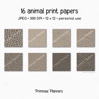 Greige Taupe Animal Print Digital Paper - Putty Leopard Cheetah Zebra Giraffe Tiger Backgrounds for Crafts &amp; Scrapbooks