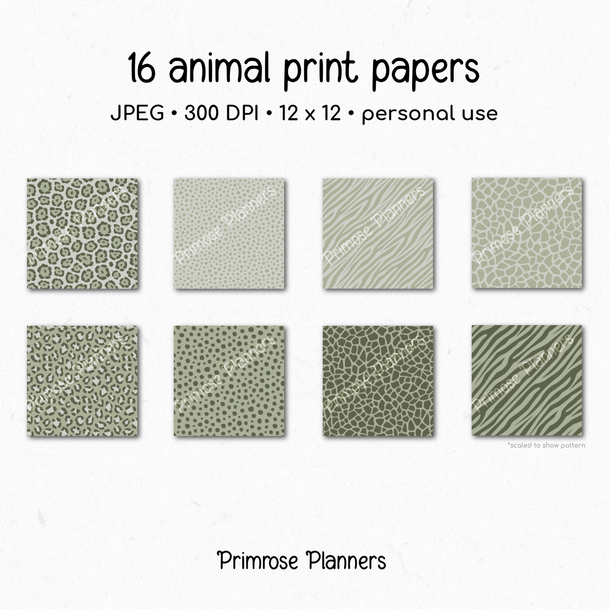 Sage & Olive Green Animal Print Digital Paper - Earthy Leopard Cheetah Zebra Tiger Giraffe Backgrounds for Scrapbooks & Crafts