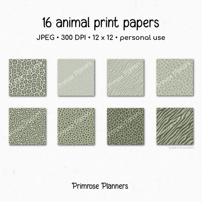 Sage & Olive Green Animal Print Digital Paper - Earthy Leopard Cheetah Zebra Tiger Giraffe Backgrounds for Scrapbooks & Crafts