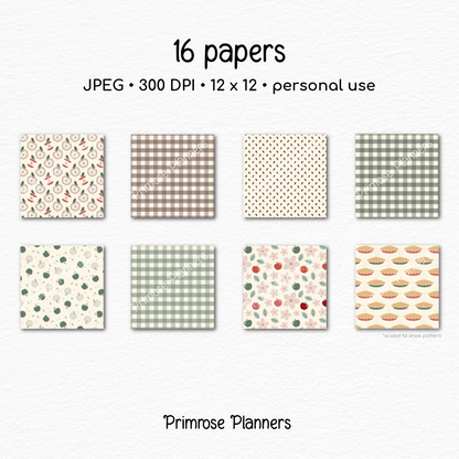 Apple Picking Scrapbook Paper, Cute Fall Floral Digital Paper, Red Green Autumn Gingham Backgrounds, Orchard Plaid Paper Set