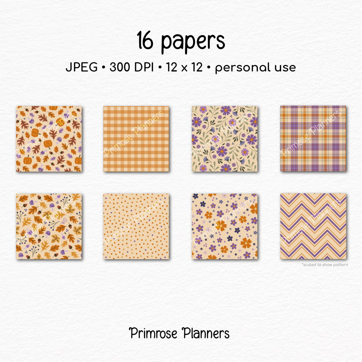 Cozy Fall Digital Paper Bundle, Purple Orange Mustard Patterns, Seamless Plaid Pumpkin Mushroom Backgrounds for Planner & Scrapbook