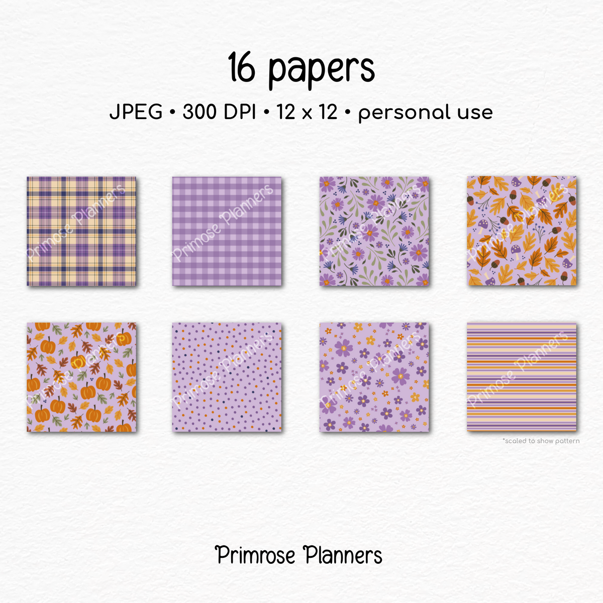 Cozy Fall Digital Paper Bundle, Purple Orange Mustard Patterns, Seamless Plaid Pumpkin Mushroom Backgrounds for Planner & Scrapbook