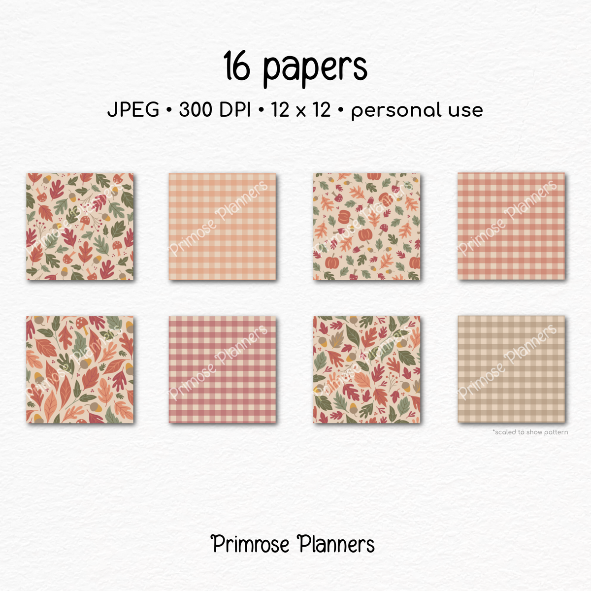 Muted Autumn Berry Scrapbook Paper, Cute Fall Pumpkin Acorn Pattern, Dusty Pink Olive Gingham Background, Thanksgiving Paper