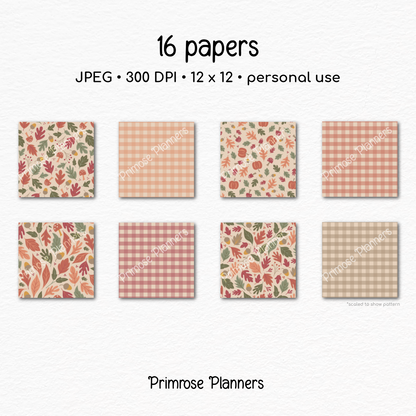 Muted Autumn Berry Scrapbook Paper, Cute Fall Pumpkin Acorn Pattern, Dusty Pink Olive Gingham Background, Thanksgiving Paper