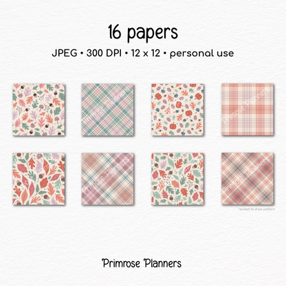 Soft Fall Digital Paper, Autumn Bouquet Patterns, Pastel Teal Mauve Plaid Backgrounds, Cute Thanksgiving Paper Pack
