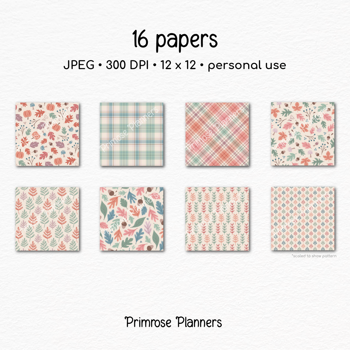 Soft Fall Digital Paper, Autumn Bouquet Patterns, Pastel Teal Mauve Plaid Backgrounds, Cute Thanksgiving Paper Pack