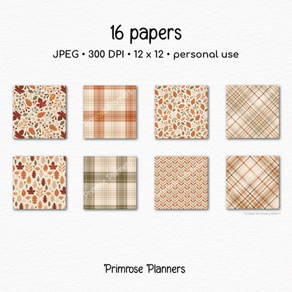 Autumn Harvest Scrapbook Paper, Rustic Fall Botanical Backgrounds, Earth Tone Plaid Prints, Cozy Neutral Digital Paper Sets