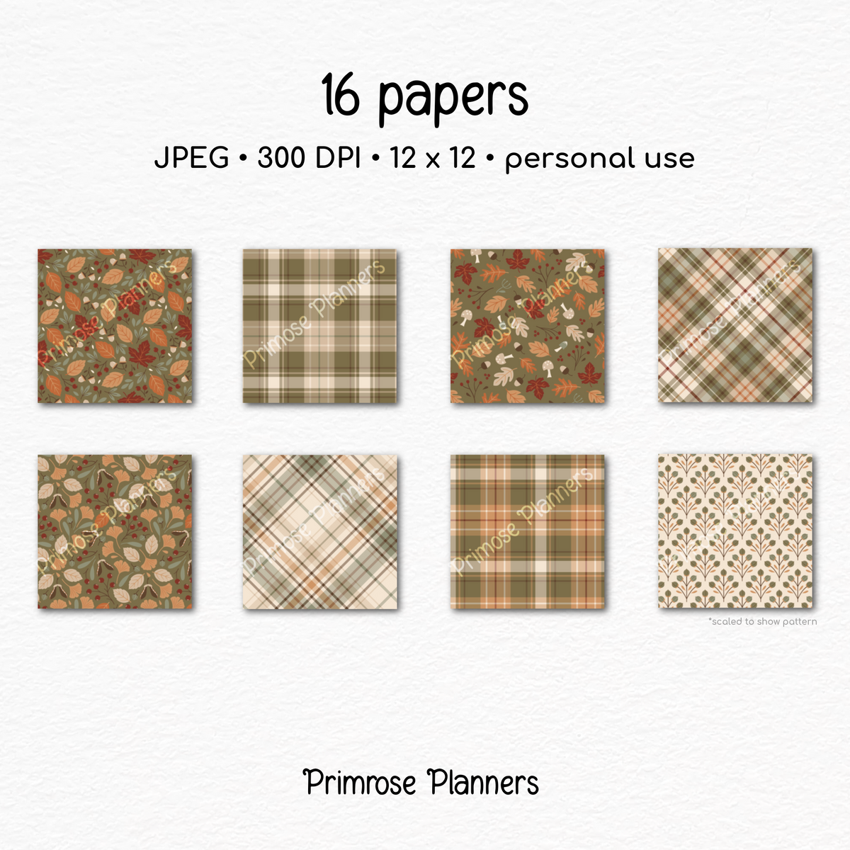 Autumn Harvest Scrapbook Paper, Rustic Fall Botanical Backgrounds, Earth Tone Plaid Prints, Cozy Neutral Digital Paper Sets