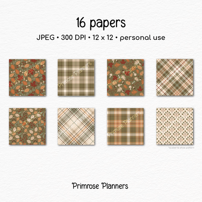 Autumn Harvest Scrapbook Paper, Rustic Fall Botanical Backgrounds, Earth Tone Plaid Prints, Cozy Neutral Digital Paper Sets