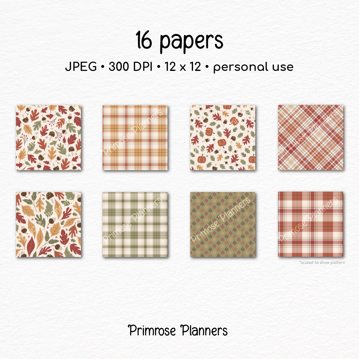 Autumn Leaves Scrapbook Paper, Earthy Fall Botanical Digital Paper Pack, Rustic Sage Green Plaid Prints, Cozy Neutral Backgrounds