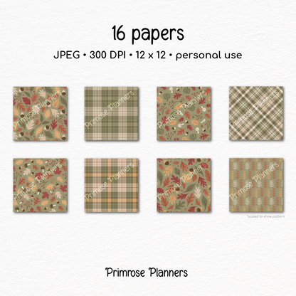 Autumn Leaves Scrapbook Paper, Earthy Fall Botanical Digital Paper Pack, Rustic Sage Green Plaid Prints, Cozy Neutral Backgrounds
