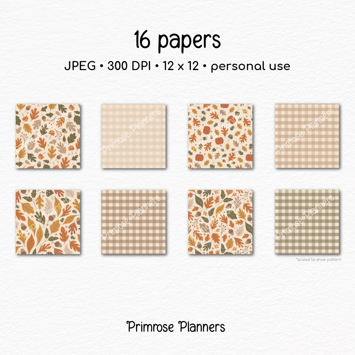 Neutral Autumn Woods Paper, Cozy Fall Leaves Acorn Pattern, Beige Brown Plaid Backgrounds, Earthy Thanksgiving Digital Paper