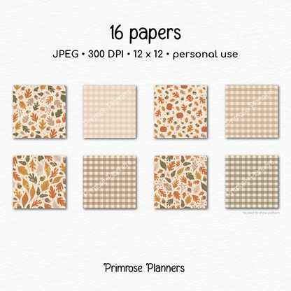Neutral Autumn Woods Paper, Cozy Fall Leaves Acorn Pattern, Beige Brown Plaid Backgrounds, Earthy Thanksgiving Digital Paper