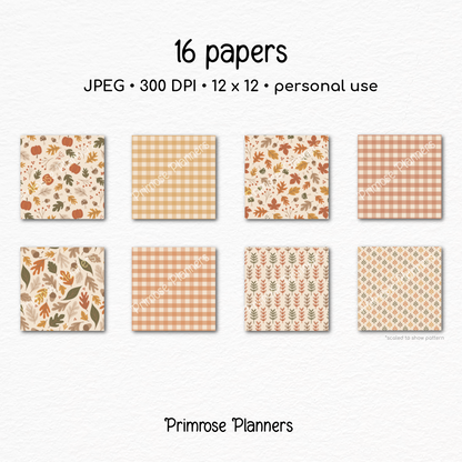 Neutral Autumn Woods Paper, Cozy Fall Leaves Acorn Pattern, Beige Brown Plaid Backgrounds, Earthy Thanksgiving Digital Paper