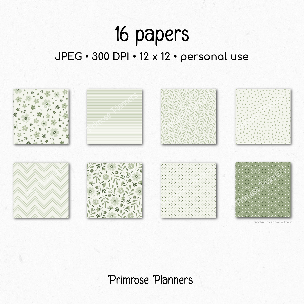 Sage Green Botanical Digital Paper, Meadow Floral Scrapbook Backgrounds, Minimalist Leaf Chevron & Stripe Patterns