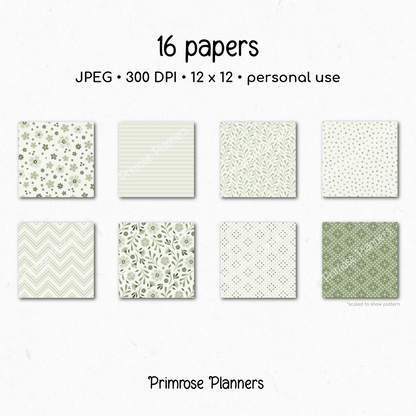 Sage Green Botanical Digital Paper, Meadow Floral Scrapbook Backgrounds, Minimalist Leaf Chevron & Stripe Patterns