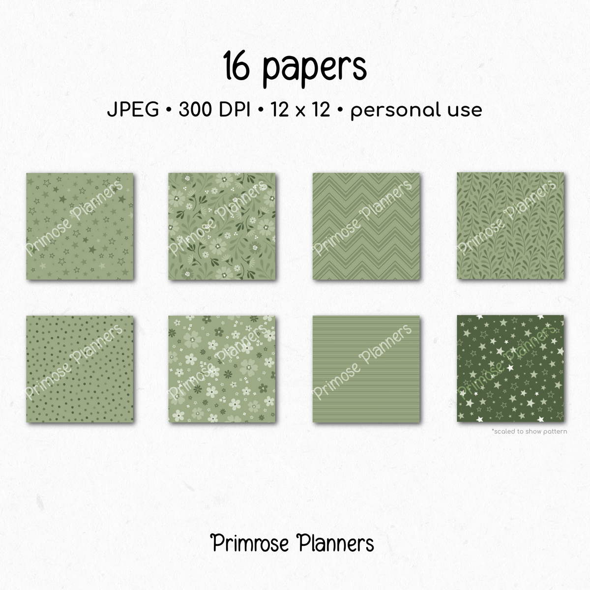 Sage Green Botanical Digital Paper, Meadow Floral Scrapbook Backgrounds, Minimalist Leaf Chevron & Stripe Patterns