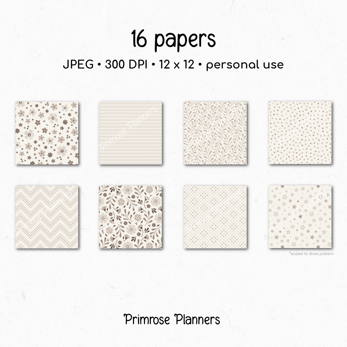Taupe Botanical Digital Paper, Neutral Floral Scrapbook Backgrounds, Earth Tone Leaf & Chevron Patterns, Minimalist Beige Pages