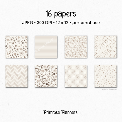 Taupe Botanical Digital Paper, Neutral Floral Scrapbook Backgrounds, Earth Tone Leaf & Chevron Patterns, Minimalist Beige Pages