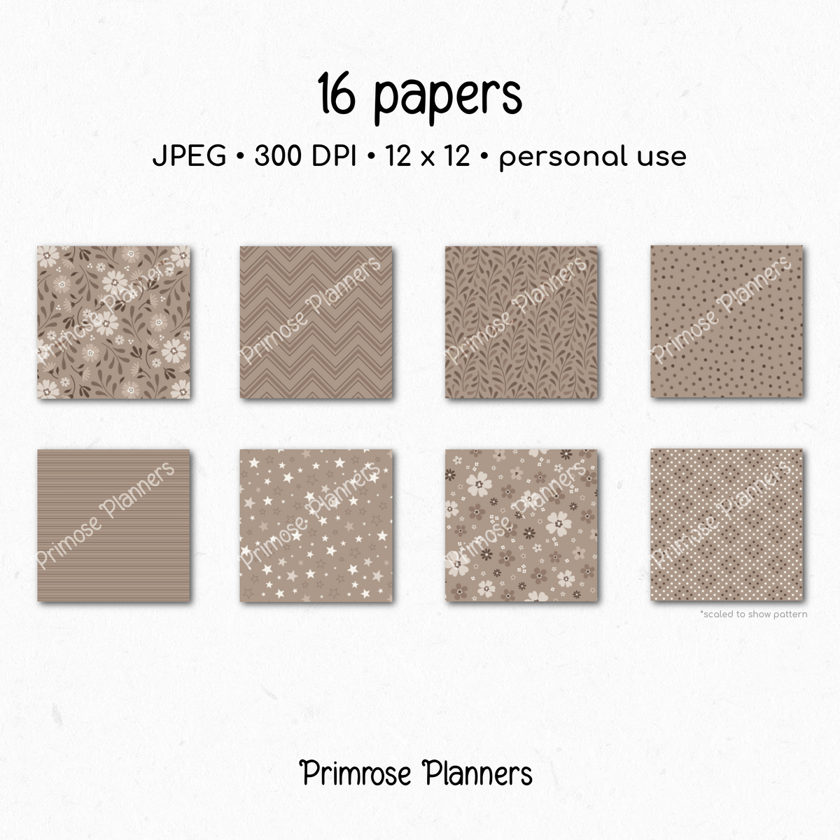 Taupe Botanical Digital Paper, Neutral Floral Scrapbook Backgrounds, Earth Tone Leaf & Chevron Patterns, Minimalist Beige Pages