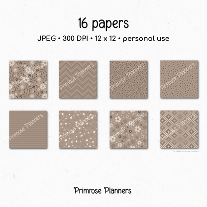 Taupe Botanical Digital Paper, Neutral Floral Scrapbook Backgrounds, Earth Tone Leaf & Chevron Patterns, Minimalist Beige Pages