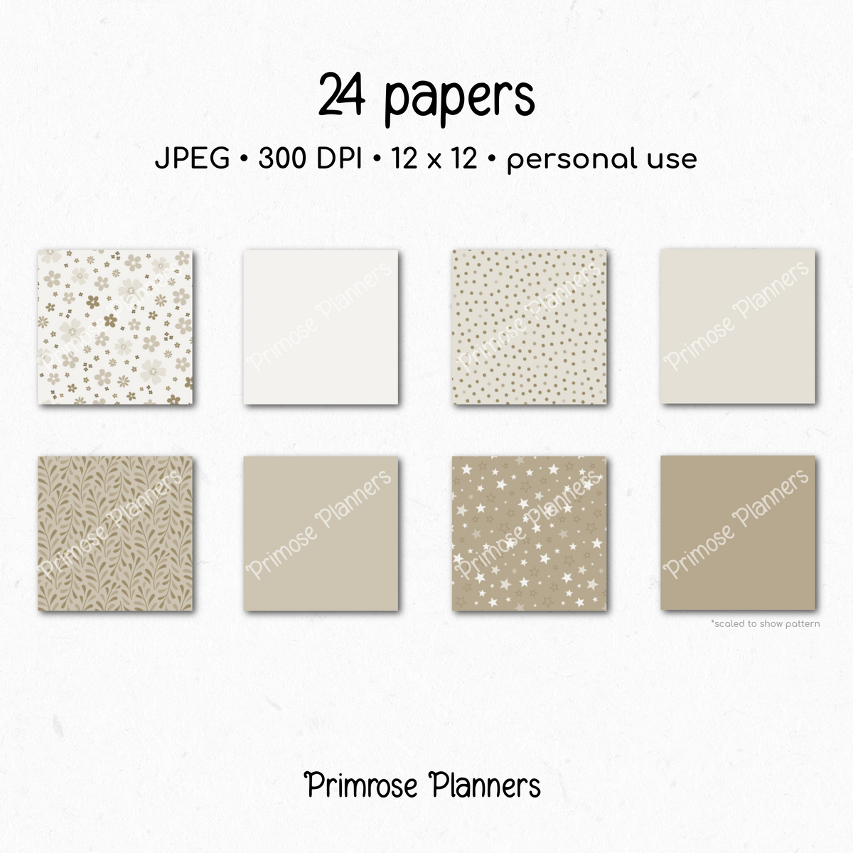 Beige Tan & Brown Digital Paper, Neutral Floral Scrapbook Backgrounds, Earth Tone Star & Chevron Patterns, Minimalist Pages