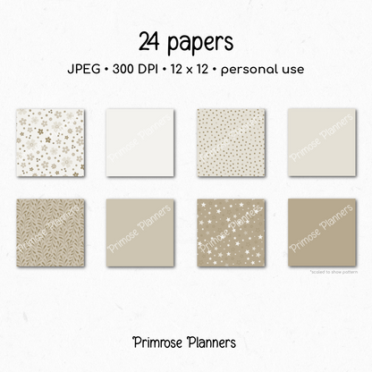Beige Tan & Brown Digital Paper, Neutral Floral Scrapbook Backgrounds, Earth Tone Star & Chevron Patterns, Minimalist Pages