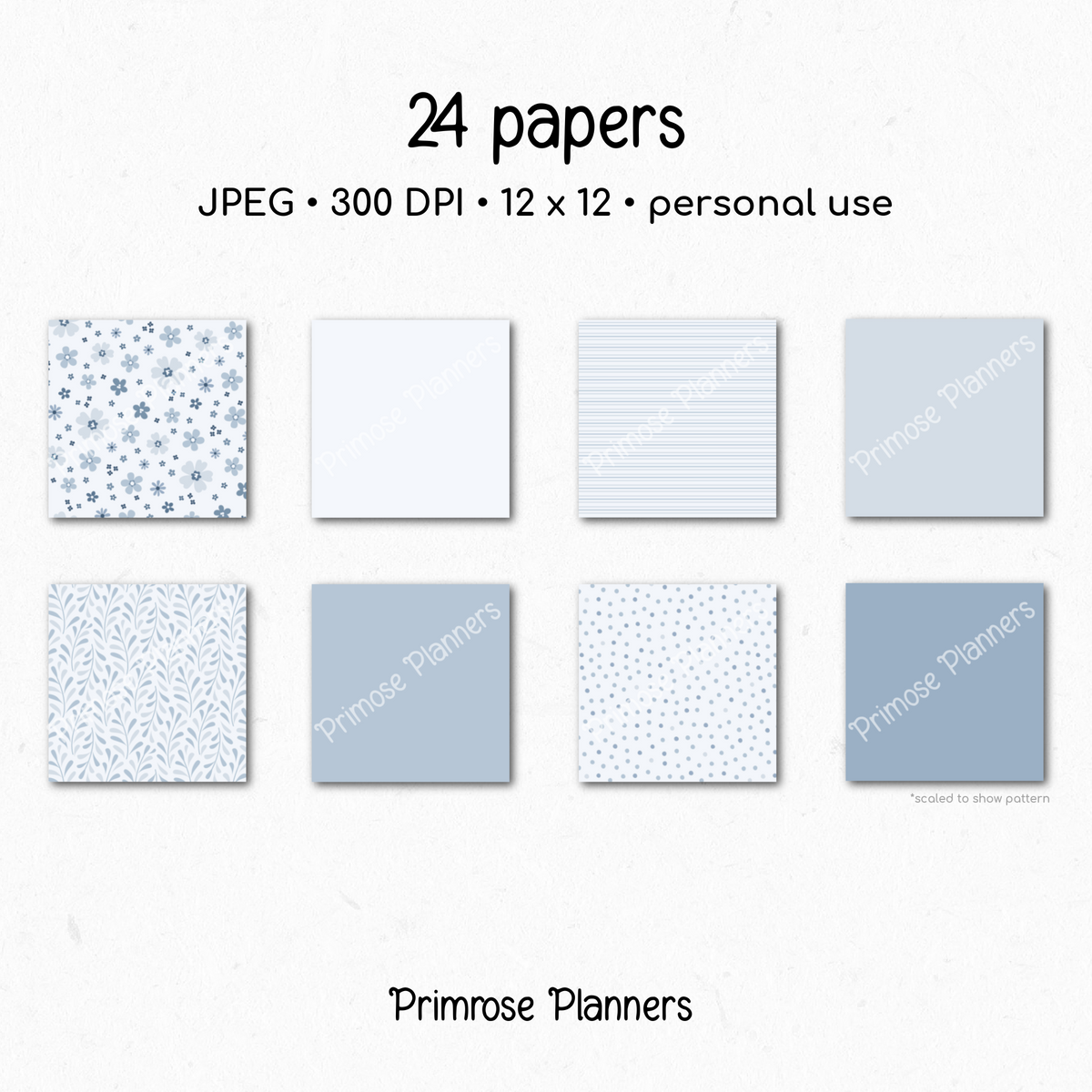 Frosted Blue Botanical Digital Paper, Slate Floral Scrapbook Backgrounds, Icy Star & Chevron Patterns, Minimalist Pages