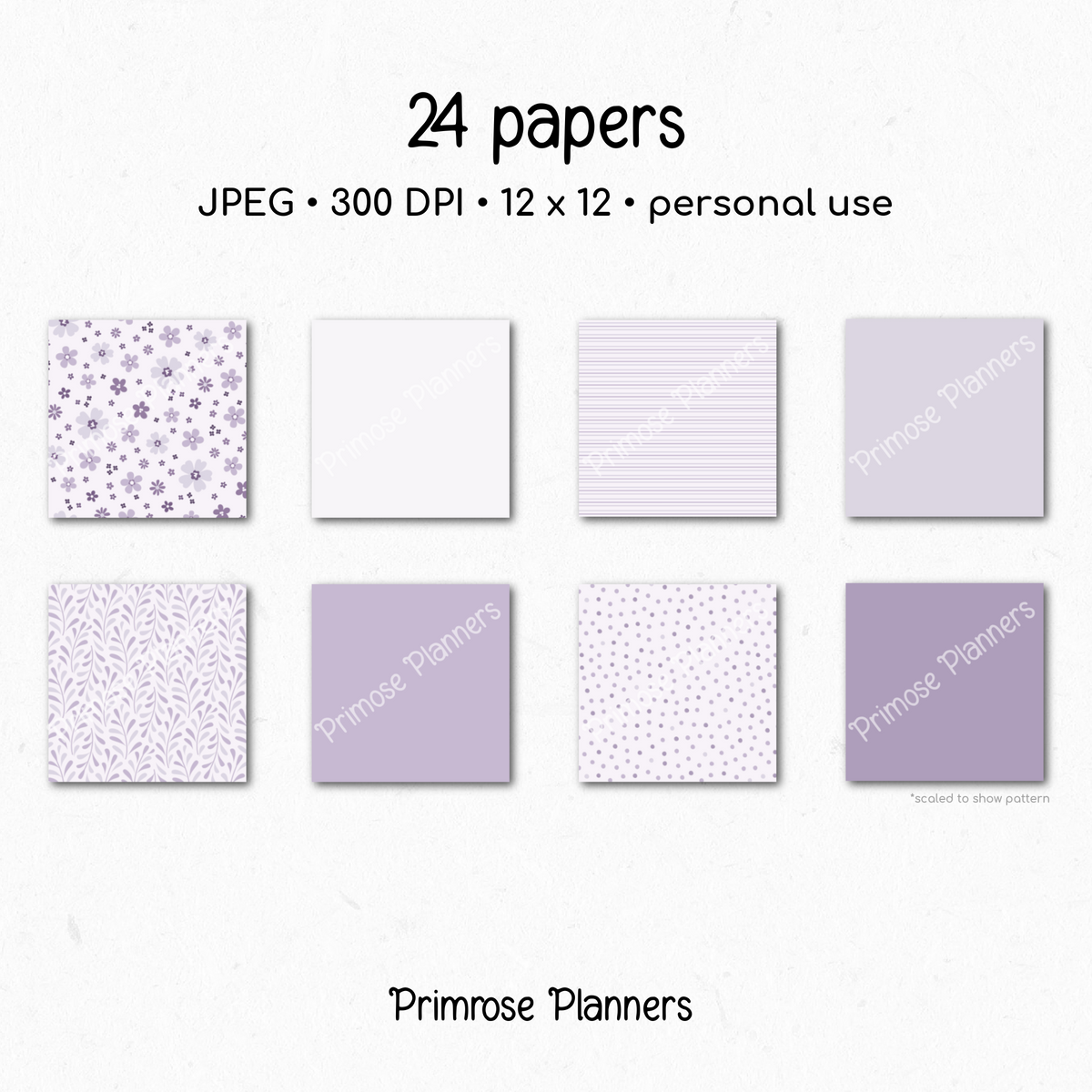 Frosted Lilac Botanical Digital Paper, Muted Purple Floral Scrapbook Backgrounds, Lavender Star & Chevron Patterns, Minimalist Pages